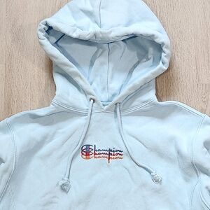 Y2k Champion Reverse Weave Stacked Embroidery Logo Hoodie Men Small Baby Blue